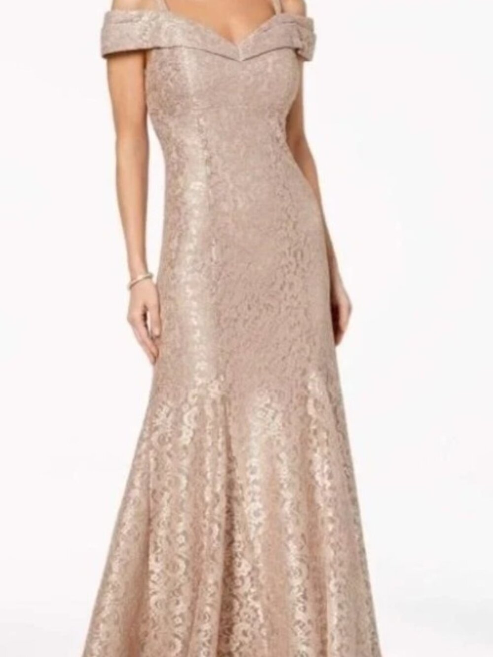 R&M Richards Champagne Lace Off Shoulder Fishtail Evening Gown Size 12 NWT